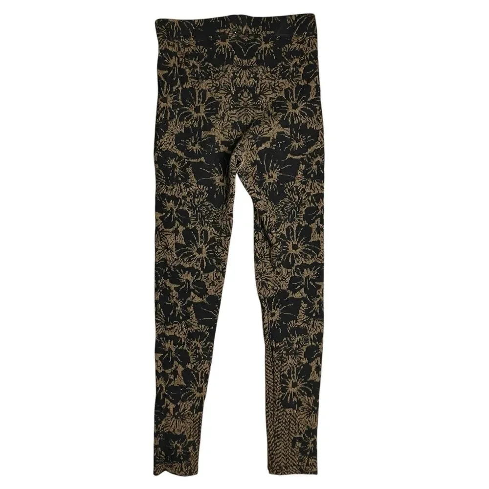 Free‎ People Gold Metallic Ornate Floral Print Leggings Black Boho